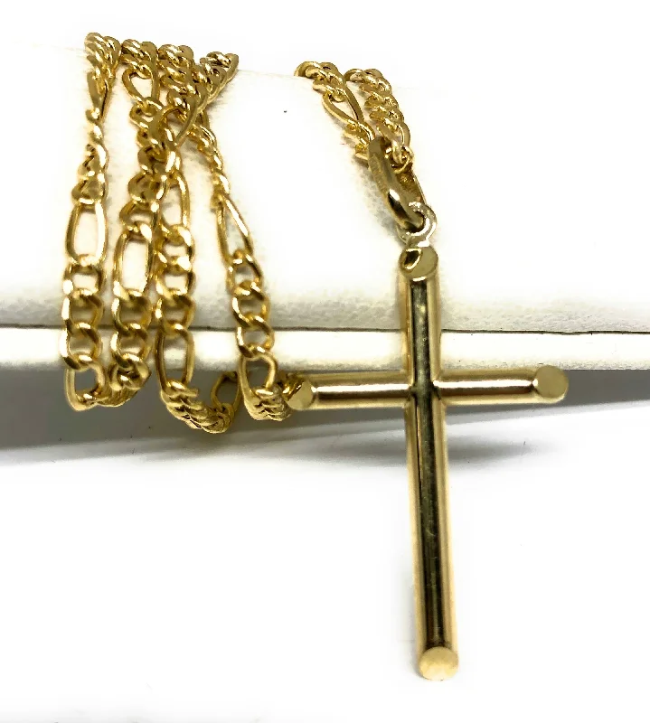 10k Solid Gold Yellow Classic Tube Cross Pendant Necklace (SM)