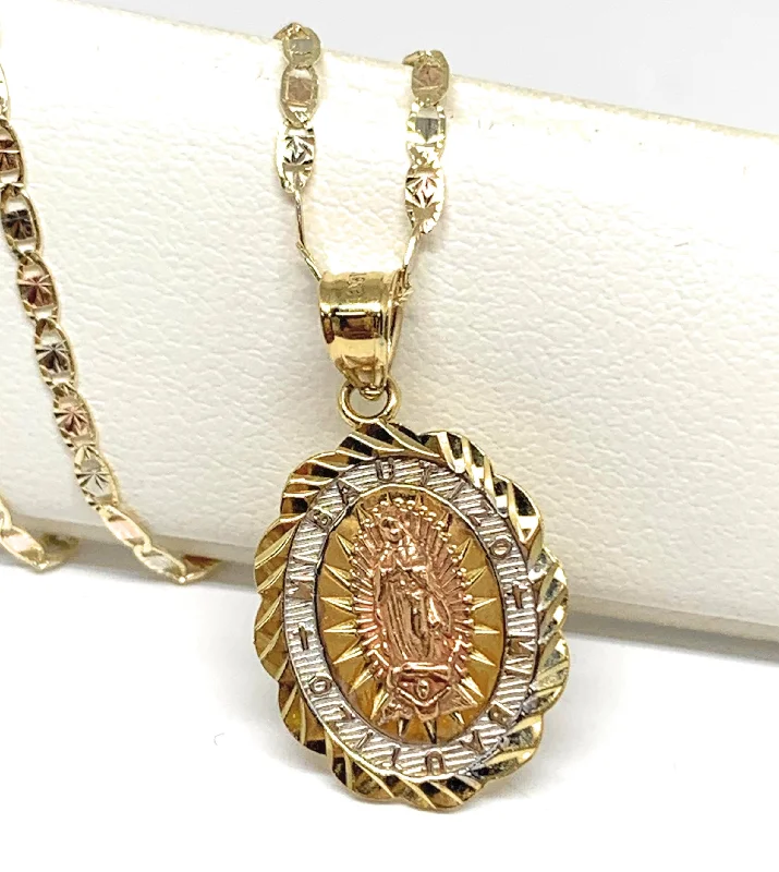 10k Solid Gold Tri-Color Baptism Bautizo Pendant Necklace For Kids Valentina Chain