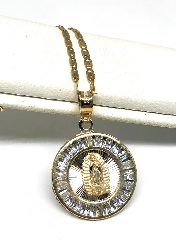 10k Solid Gold Tri-Color Virrgin Mary CZ Round Pendant Necklace Virrgen Gaudalupe