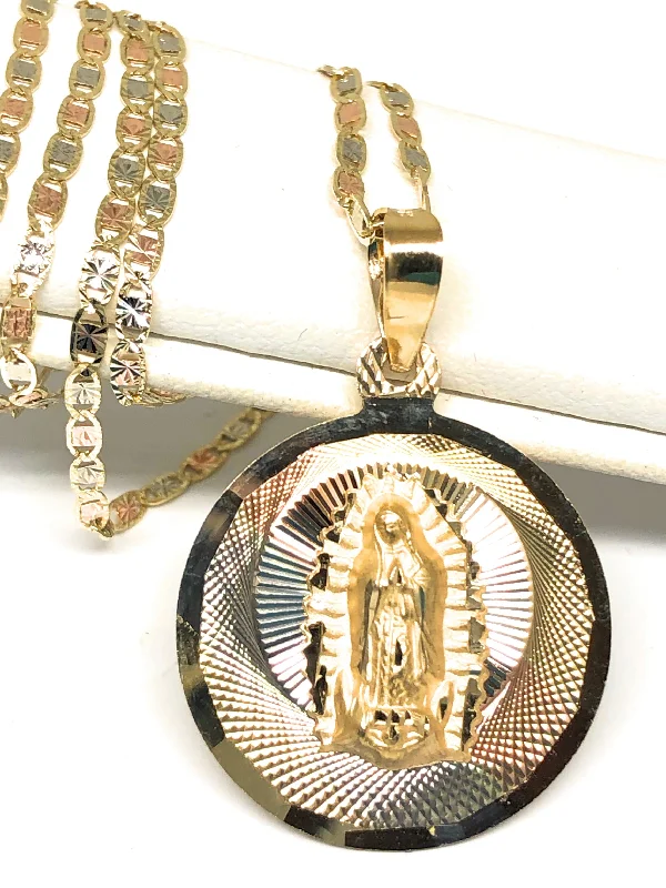 10k Solid Gold Tri-Color Virrgin Mary Round Pendant Virrgen Guadalupe Valentina Chain