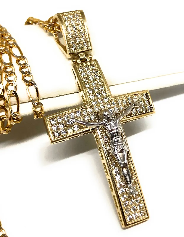 10k Solid Gold Yellow 2-Tone Jesus Cross Crucifix CZ Pendant Necklace