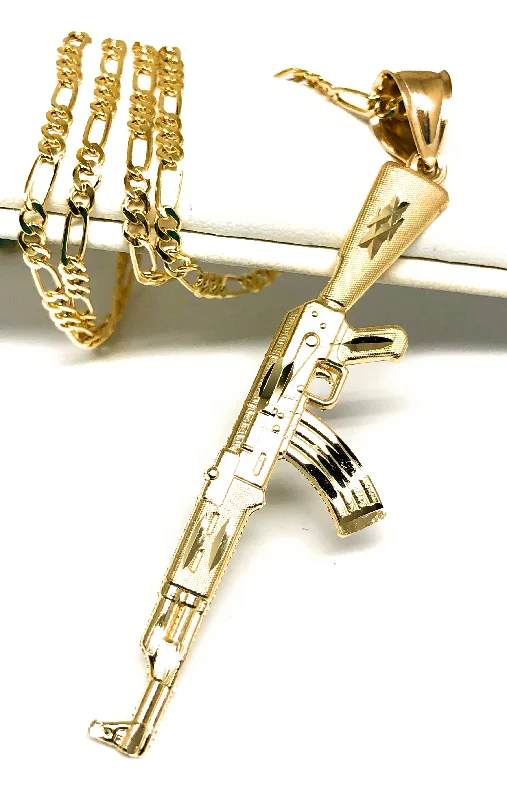 10k Solid Gold Yellow Classic Machine Gun AK-47 Detailed Pendant Necklace