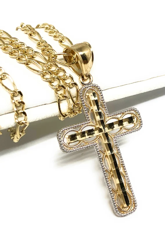 14k Solid Gold 2-Tone Classic Cross Pendant Necklace Crucifix With Figaro Chain