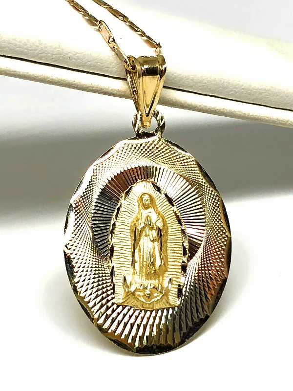 14k Solid Gold Tri-Color Virrgin Mary Pendant Virrgen Guadalupe Valentina Chain