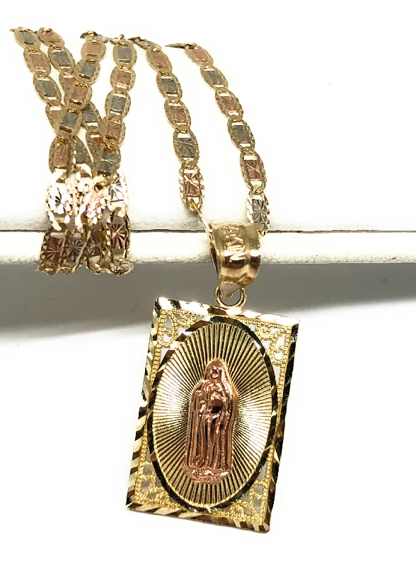 14k Solid Gold Yellow & Rose Virrgin Mary Square Pendant Virrgen Guadalupe Necklace