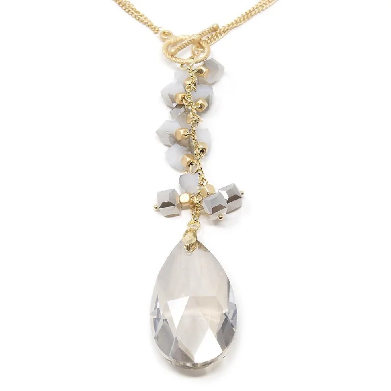 Gold Tone Two Layer Long Necklace with Glass Teardrop Grey