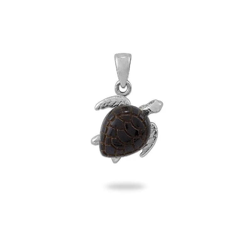 Honu Black Coral Pendant in White Gold - 13mm