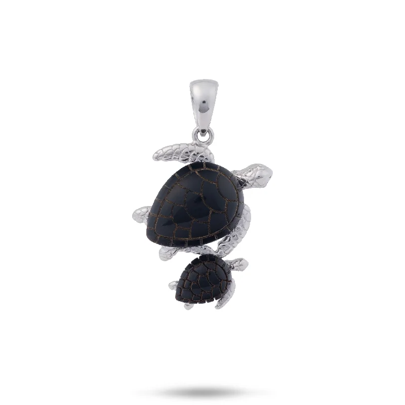 Honu Black Coral Pendant in White Gold - 24mm