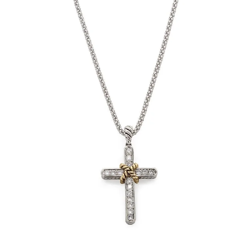 Necklace with Two Tone Cubic Zirconia Cross Pendant