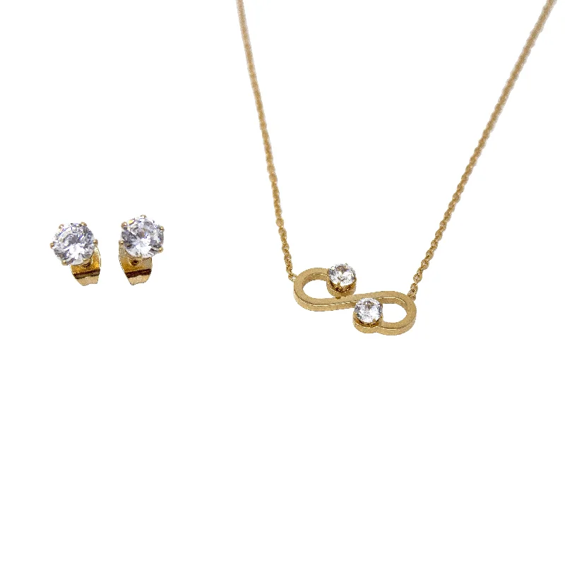 Stainless Steel CZ Infinity Neck Earrings Set Gold Pl