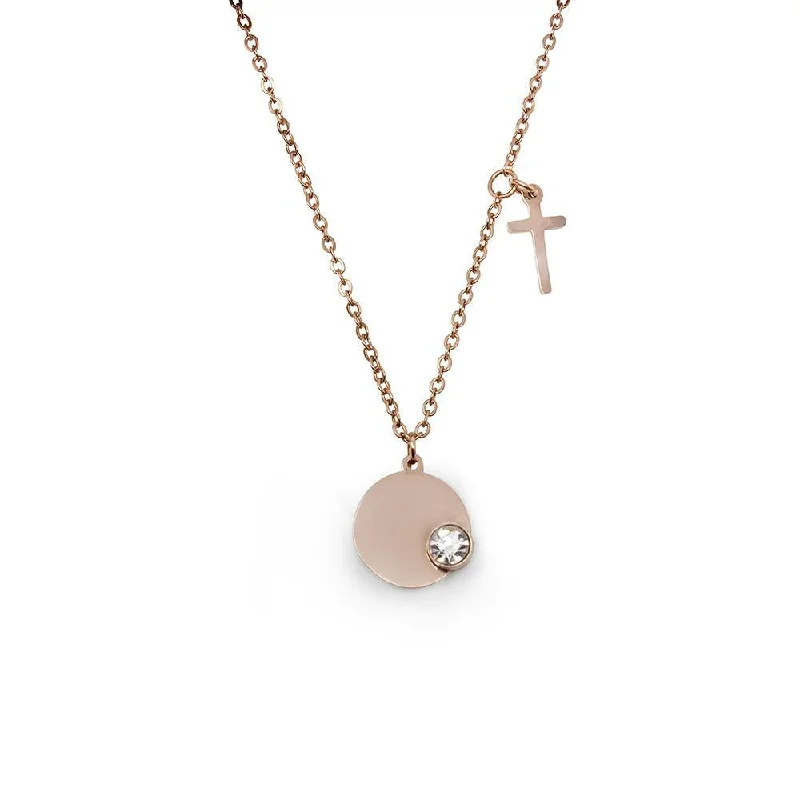 Stainless Steel Necklace Round Crystal Rose Gold Plated