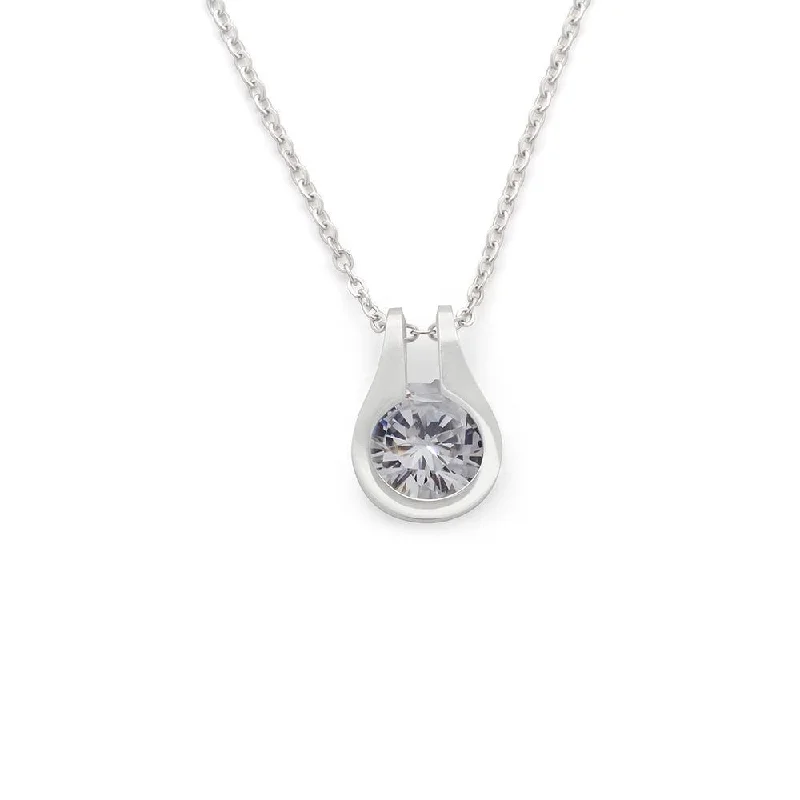 Stainless Steel Necklace with Large Drop CZ Pendant