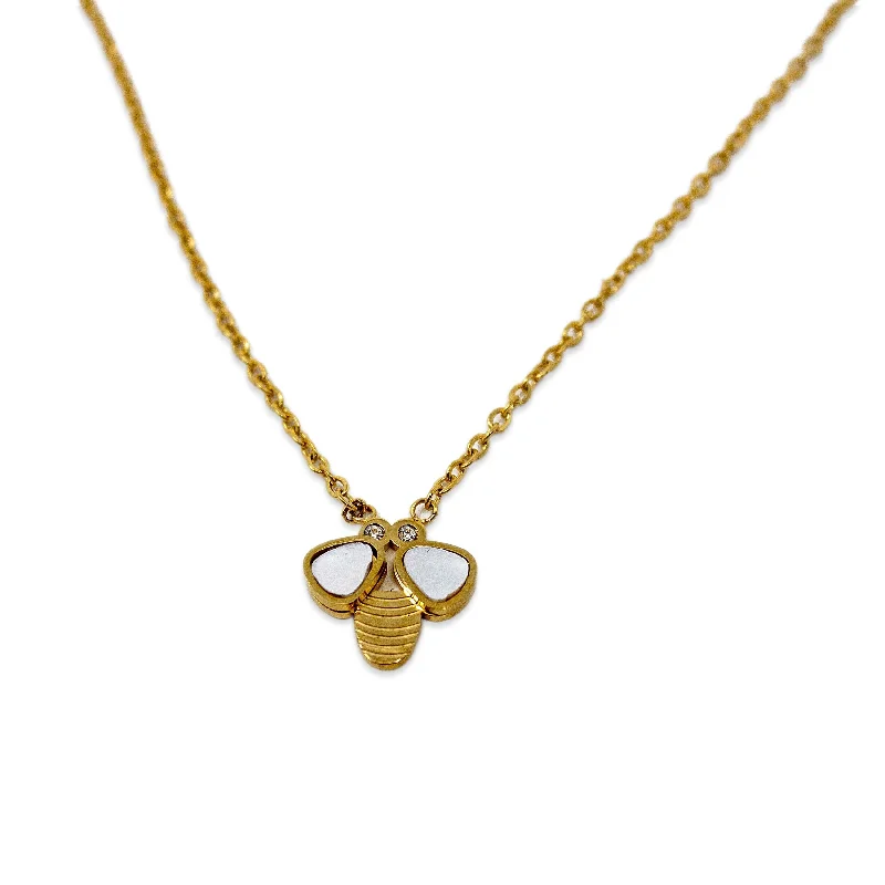 Stainless St MOP Bee Pendant Necklace Gold Pl