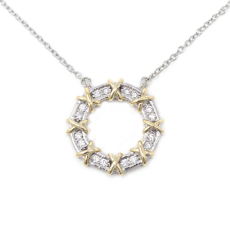 Two Tone Necklace with Circle Pave Pendant