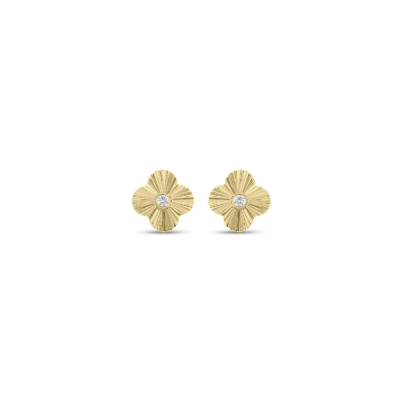 Diamond & Gold Ridged Clover Stud Earrings