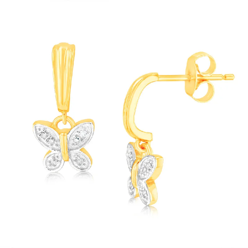 simple crystal earrings 9ct Yellow Gold Butterfly Drop Earrings in 12 Diamonds