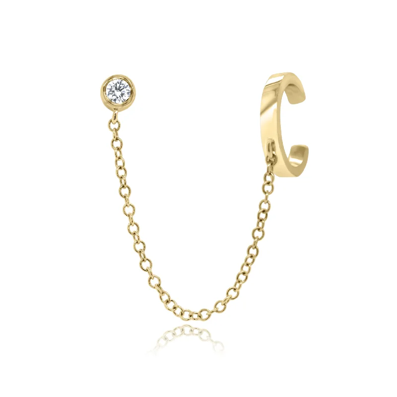 Gold Ear Cuff with Chain and Bezel-Set Diamond Stud