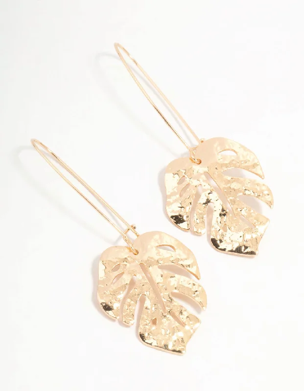wide gold cuff bracelet Gold Monstera Leaf Drop Earrings