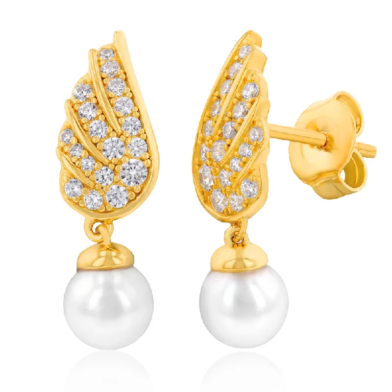 personalized engraved locket Gold Plated Silver Fresh Water Pearl & Cubic Zirconia On Wings  Drop Earrings