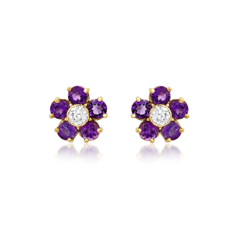 Large Amethyst Flower Studs with Diamond Center