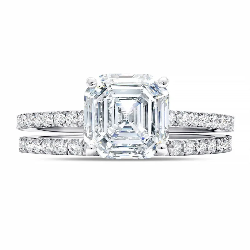 Asscher Solitaire and Pave Ring Set in Platinum