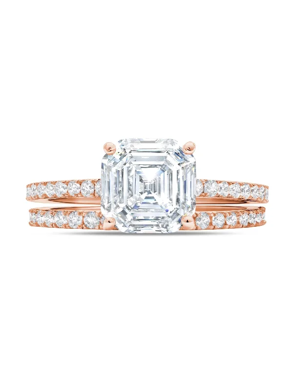 Large Asscher Solitaire and Pave Ring Set Finished in 18kt Rose Gold