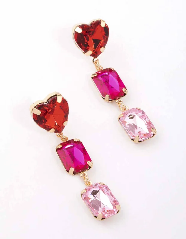 thin gold wire earrings Red Heart Dual Stone Drop Earrings