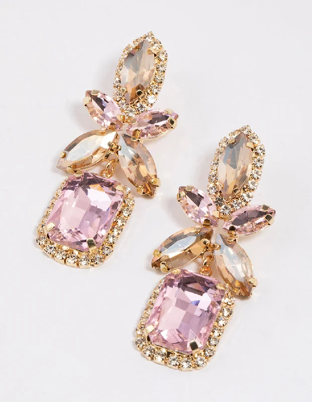 emerald cut diamond earrings Gold Mixed Oval Stone Square Drop Earrings