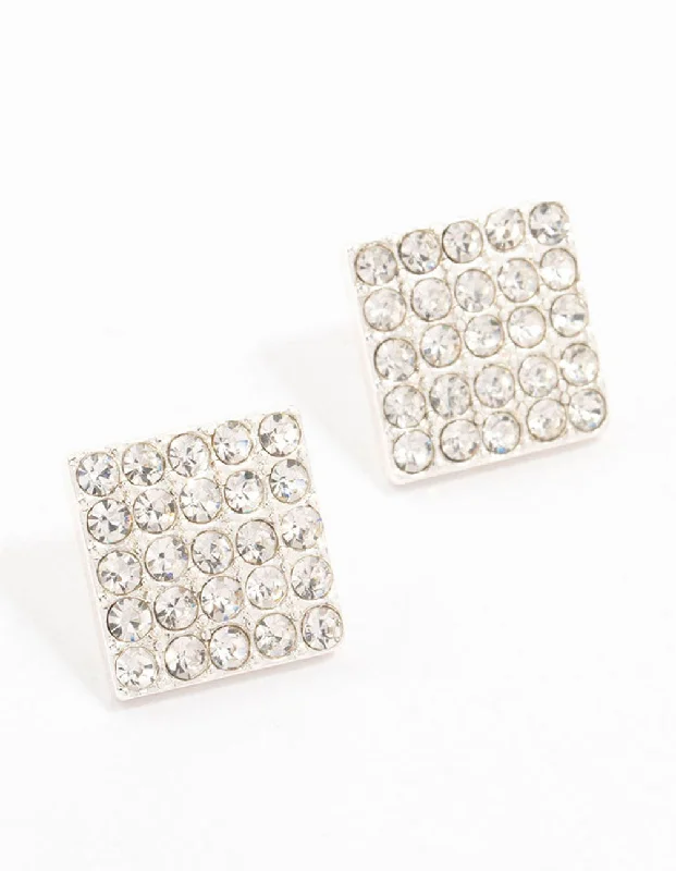 cubic zirconia eternity necklace Silver Pave Diamante Square Stud Earrings