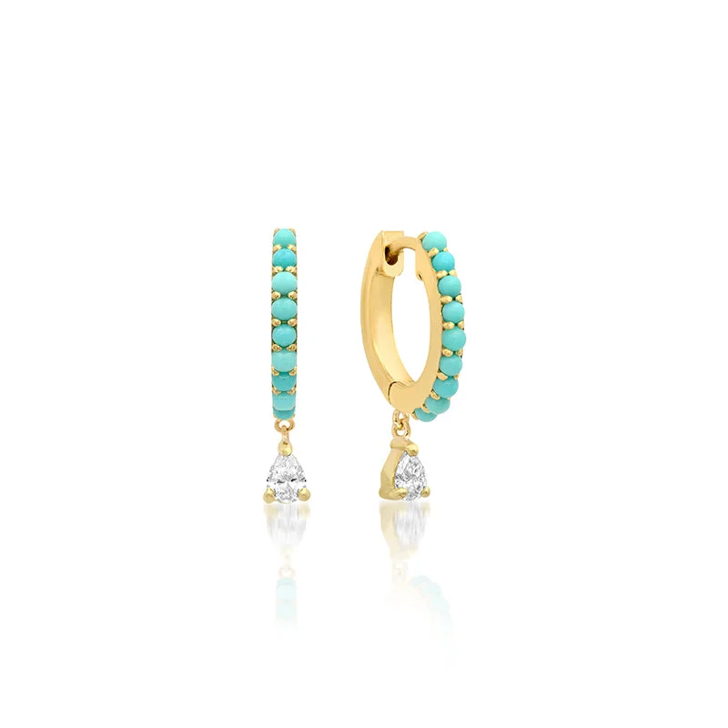 Turquoise Huggies With Pear-Cut Diamond Drop