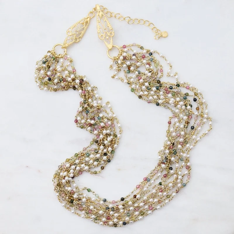 Ten Strings of Pearl and Multi Tourmaline Necklace