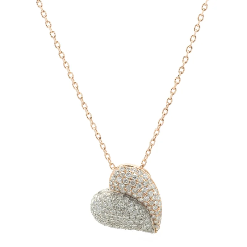 14 Karat Rose and White Gold Pave Diamond Heart Necklace