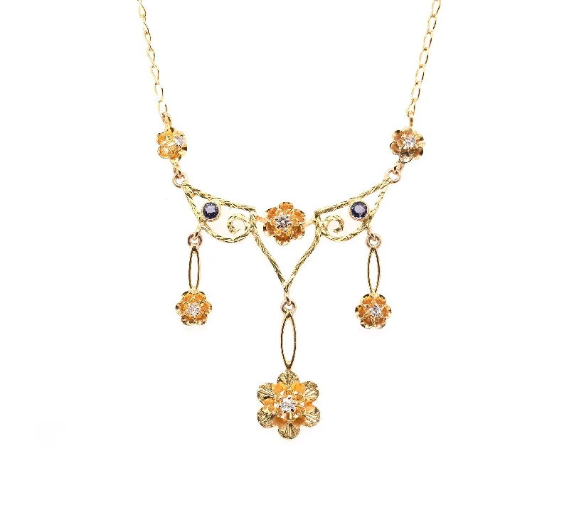 14 Karat Yellow Gold Vintage Diamond Floral Necklace