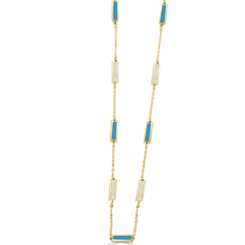 14k Gold Turquoise & White Mother-of-Pearl Station Necklace