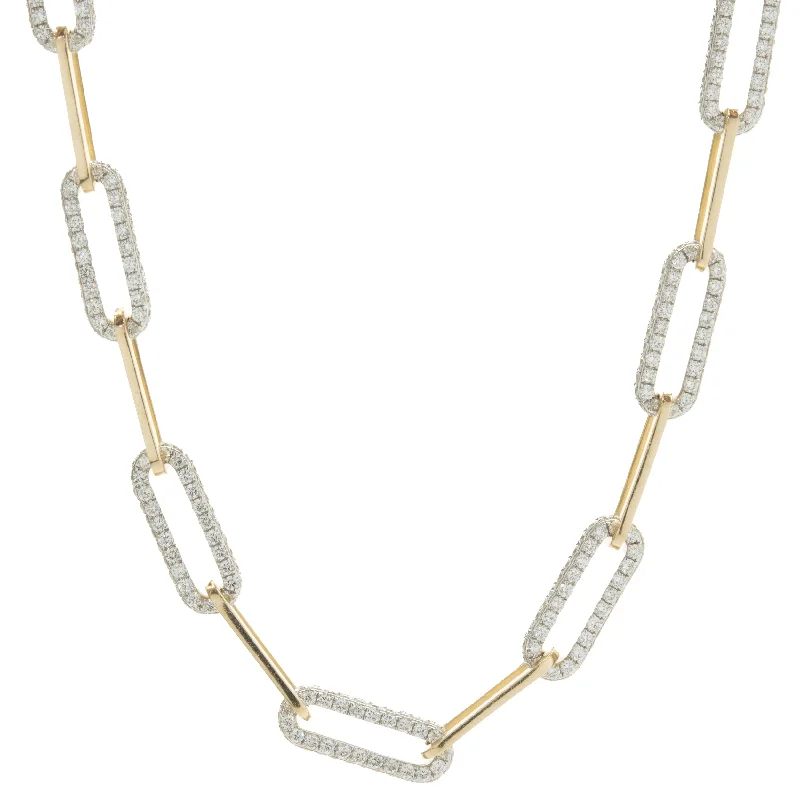 18 Karat Yellow and White Gold Pave Diamond Station Paperclip Link Necklace