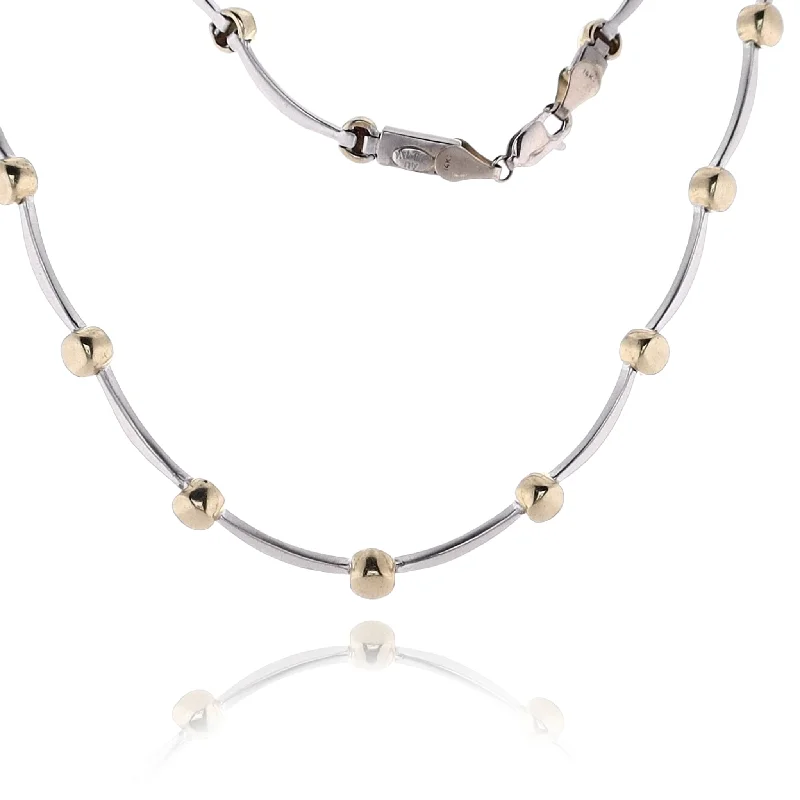 Estate 14 Karat Two-Tone Curved Brushed Bars Alternating Polished Gold Beads Necklace