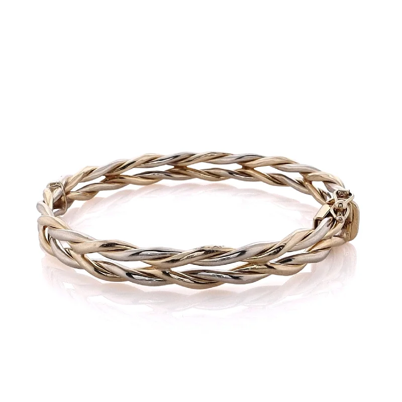 Estate 14 karat White and Yellow Gold Polished Braided Design Hinged Bangle Bracelet