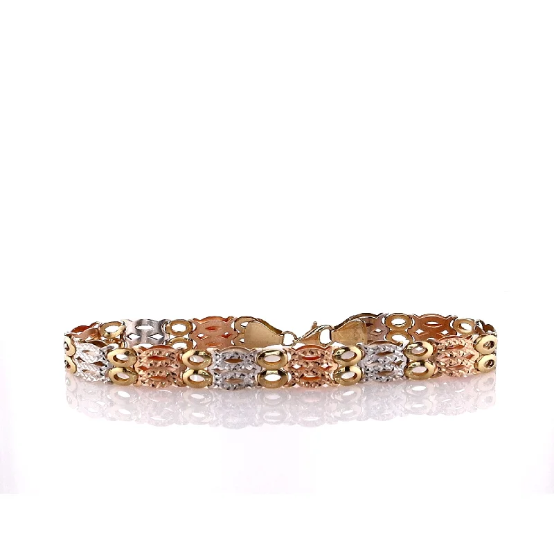 Estate 14k Tri-Tone Gold Double Oval Polished and Diamond Cut Design Bracelet