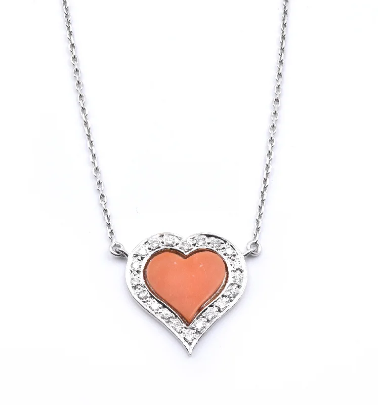 Fred 18 Karat White Gold Coral and Diamond Heart Necklace