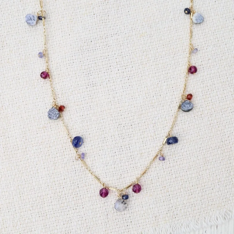 Dendritic Opal, Garnet, Sapphire Mix Long Necklace