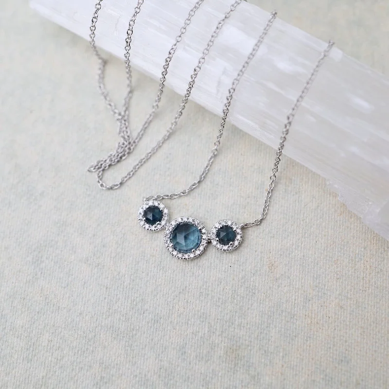 Rosie Bar of Rose Cut London Blue Topaz with White Diamond Halo Necklace