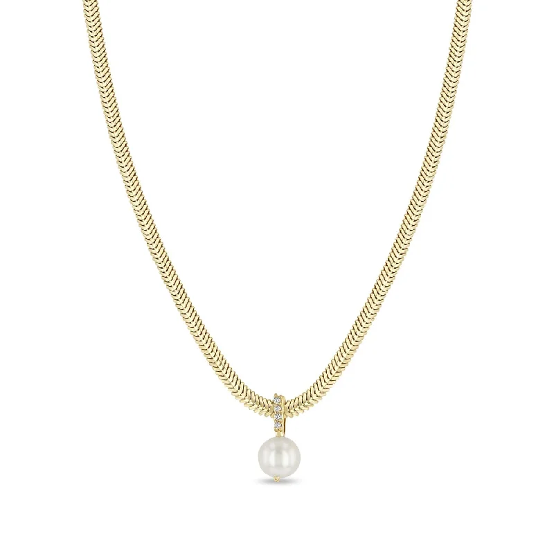 Cultured Pearl Hanging from A White Diamond Pavé Bail Necklace